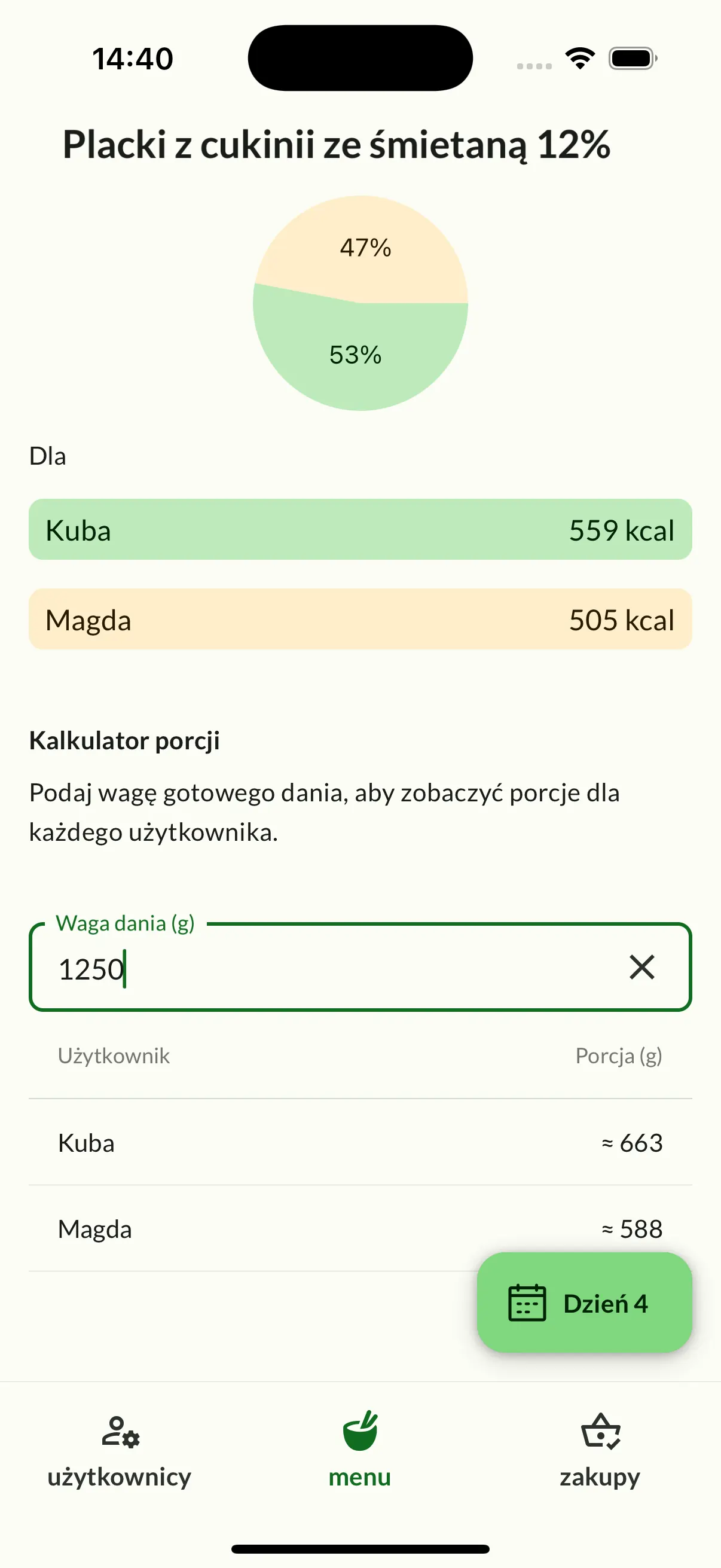 Kalkulator porcji w aplikacji Cebulko